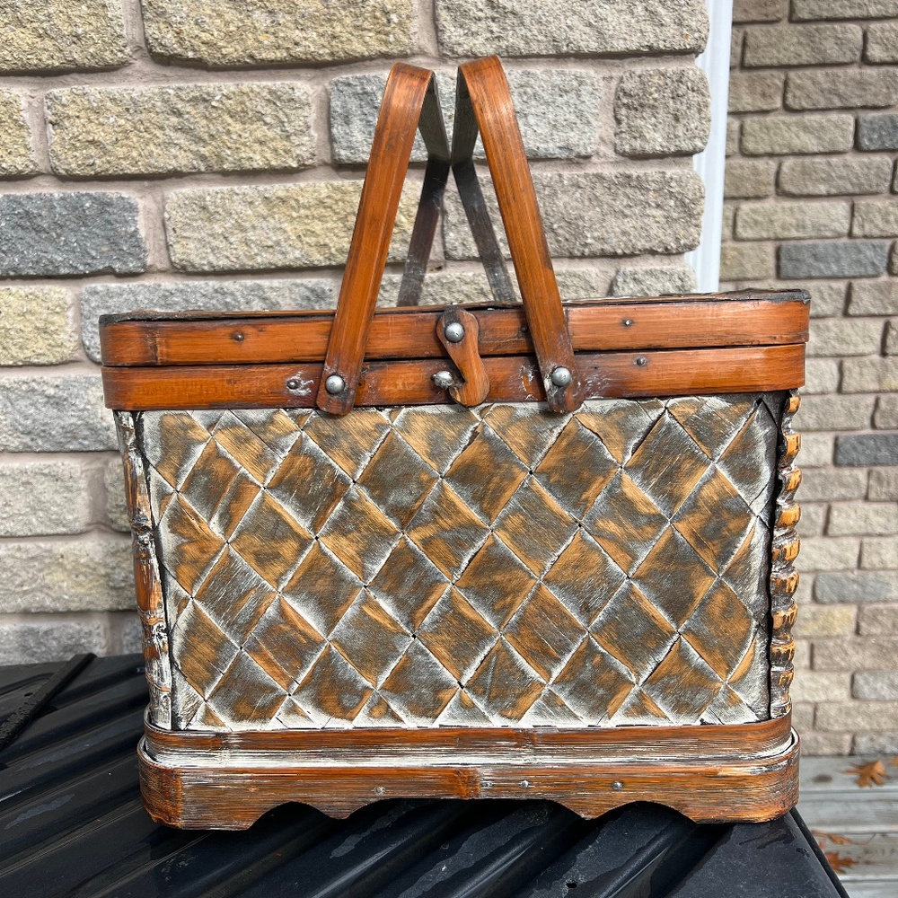 Vintage Wood Woven Picnic Basket